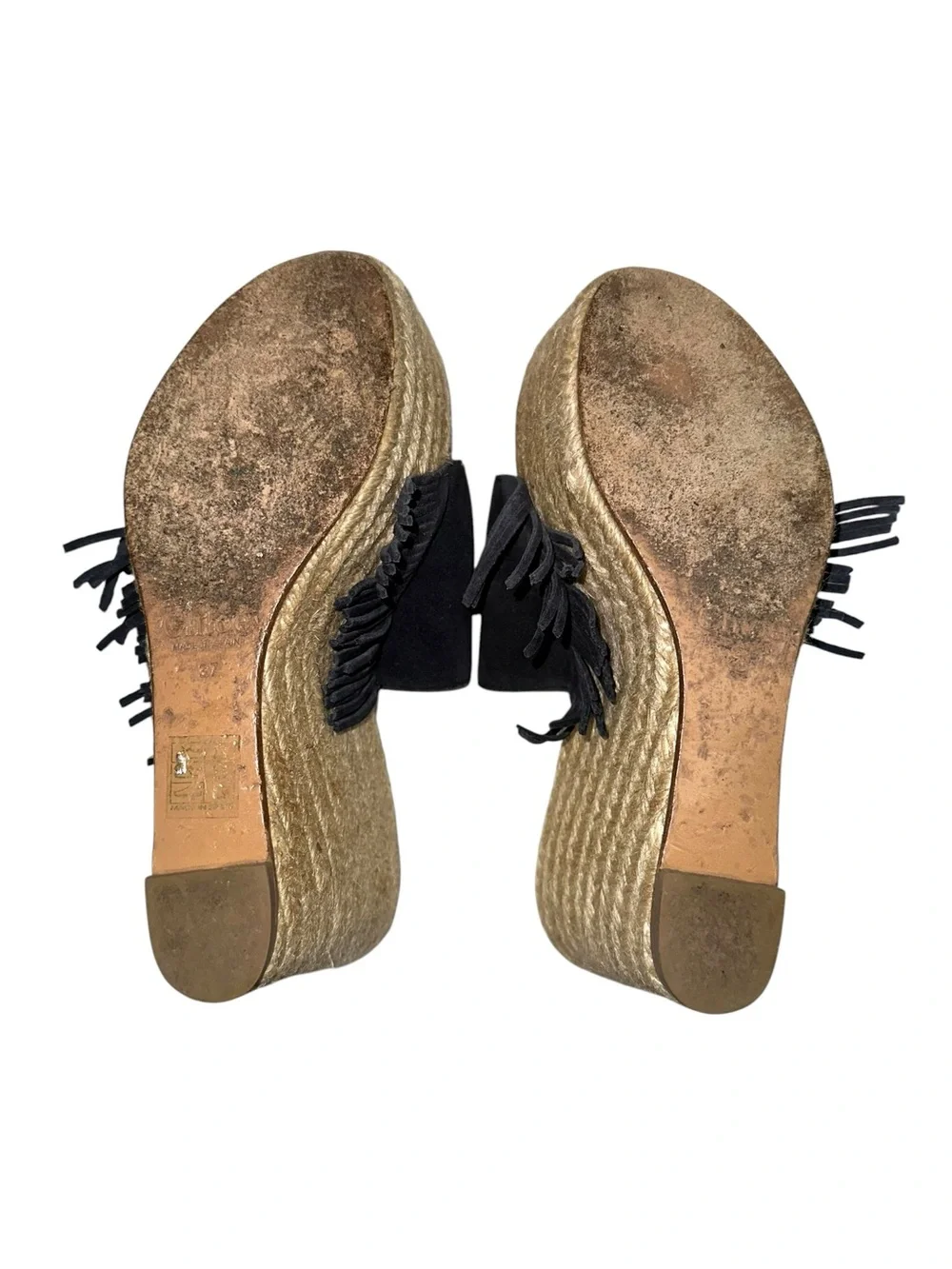 Chloe Estel Navy Suede Fringe Espadrille Wedge Sandals 37